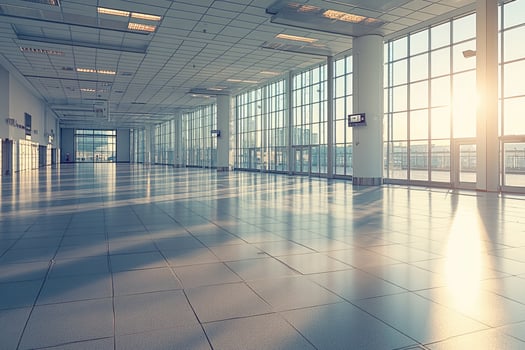 Empty airport terminal hall bathed in morning sun photo