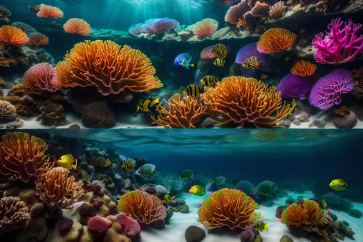 Two images of coral reefs and fish photo