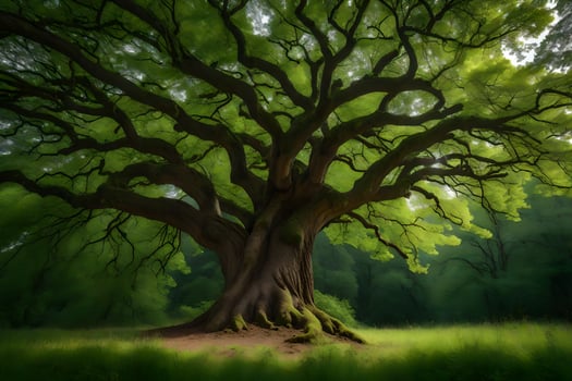 A large tree in the middle of a green field photo