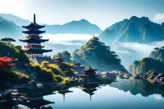 A beautiful landscape with a pagoda in the middle of it photo