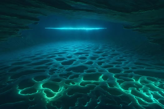An underwater cave with glowing light coming from the bottom photo