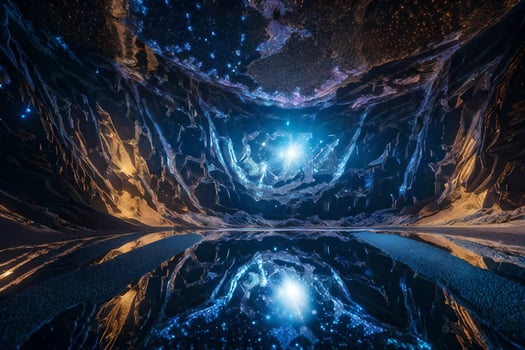 A dark tunnel with a light shining through it photo