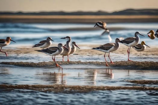 A group of birds standing on the beach photo