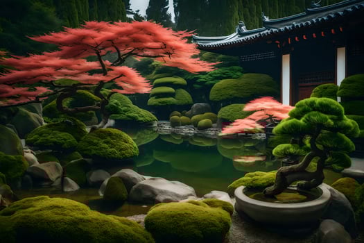A japanese garden with trees and water photo