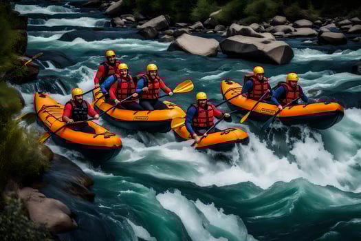 A group of people in rafts on a river photo