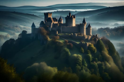A castle sits on top of a hill surrounded by fog photo