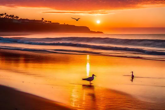 Seagulls walk along the beach at sunset photo