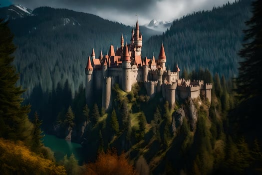 A castle sits on top of a mountain surrounded by trees photo