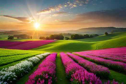 A beautiful sunset over a field of flowers photo