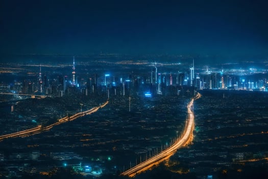A cityscape at night with lights on the road photo