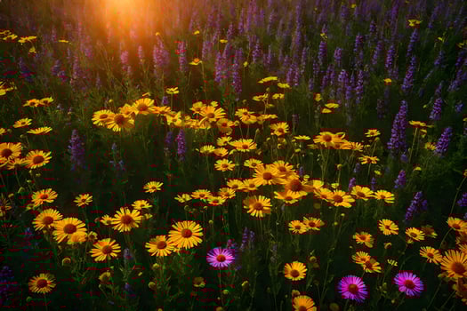 A field of wildflowers at sunset photo