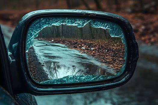 Broken Rearview Mirror on Rainy Road - Reflections of Urban Decay and Weather photo