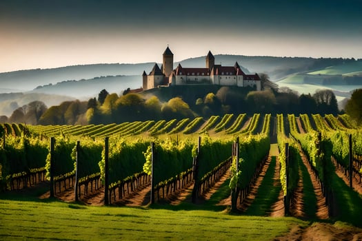 A castle sits on a hill overlooking a vineyard photo