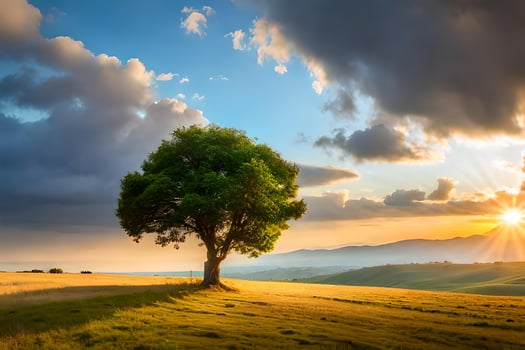 A lone tree in a field with the sun setting behind it photo