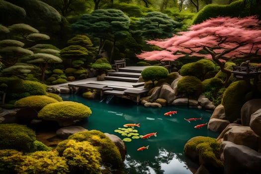 A pond with koi fish in it and a bridge photo