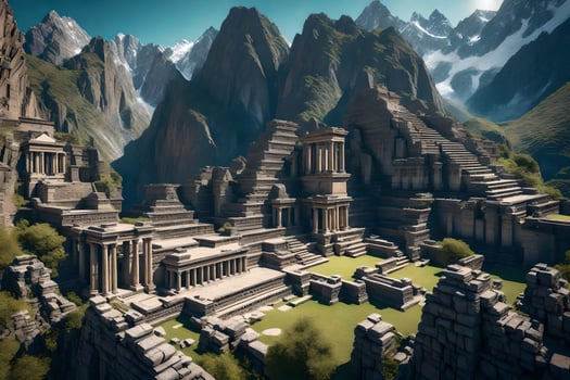 An ancient city in the mountains with mountains in the background photo