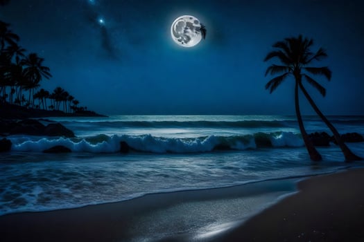 A full moon over the ocean and palm trees photo