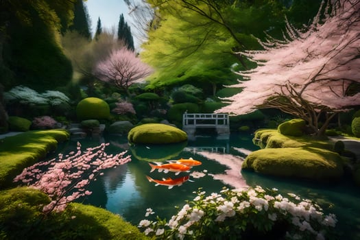 Koi fish in a pond surrounded by trees and flowers photo
