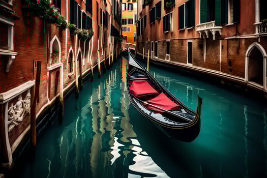 A gondola is parked in a narrow canal photo