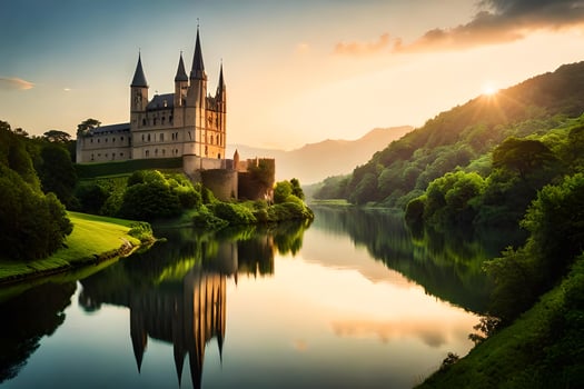 Beautiful castle in the middle of a river at sunset photo