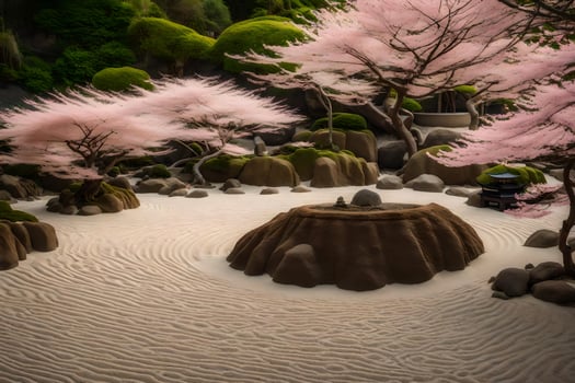 A japanese garden with pink trees and rocks photo