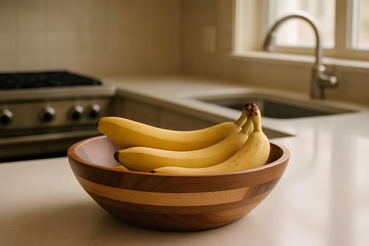 A bunch of ripe yellow bananas in a stylish wooden bowl on a light colored kitchen countertop on a modern kitchen background. photo