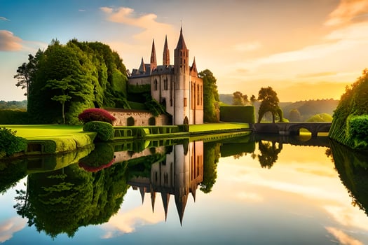 A beautiful castle sits on a lake surrounded by trees photo