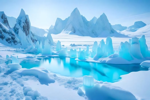 An image of a frozen lake surrounded by snow photo