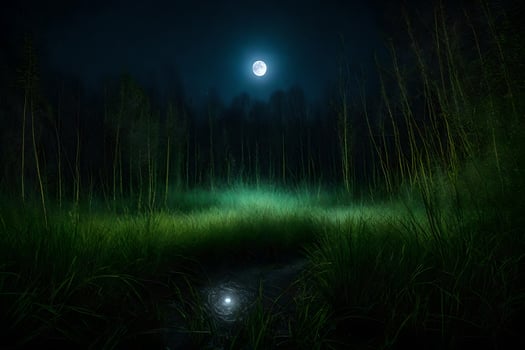 A moonlit forest with tall grass and trees photo