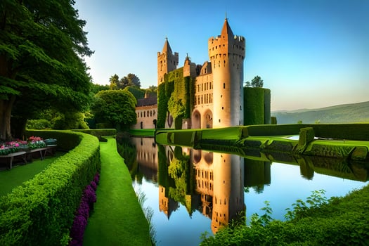 A castle sits on a lush green hillside with a pond photo