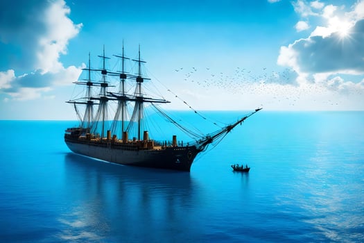 A sailing ship in the ocean with a blue sky photo