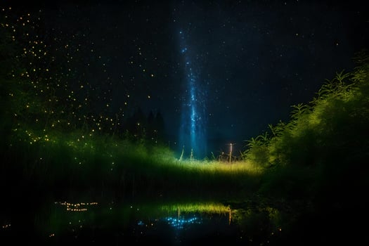 Fireflies in the night sky over a pond photo