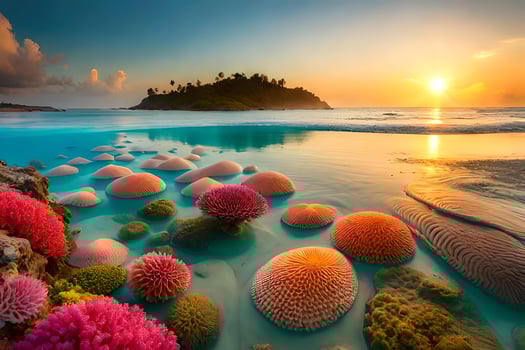 The sunset over a beach with colorful coral photo