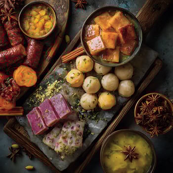 An overhead close up shot of an assortment of delicious Asian desserts and sweet treats arranged on rustic wooden boards. photo