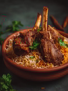 Delicious Lamb Shank Biryani in a Clay Pot Close up of Aromatic Indian Cuisine. photo