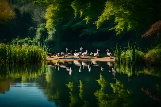 A group of birds standing on a dock in a lake photo