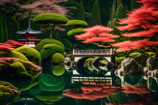 A bridge and a pagoda in the middle of a pond photo