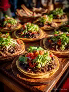 Delicious Mexican Tacos with Beef, Beans, and Fresh Toppings. A close up shot of several tasty tacos arranged on rustic wooden boards. photo