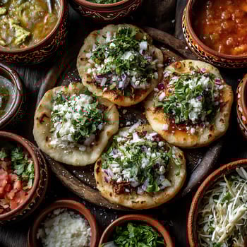 Delicious Mexican Picadillo Stuffed Gorditas with Toppings. A close up overhead shot of traditional Mexican food. photo