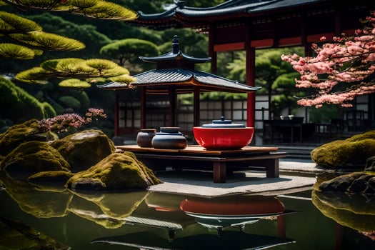 A japanese garden with a red pot and a pond photo