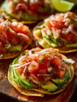 Close up of Delicious Toasted Corn Tortillas Topped with Fresh Avocado and Pico de Gallo. photo