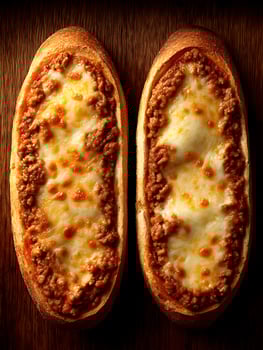 Delicious Baked Bread with Melted Cheese and Ground Meat Topping. photo