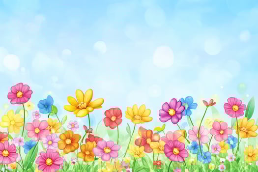 Colorful flowers in a field against a soft sky photo