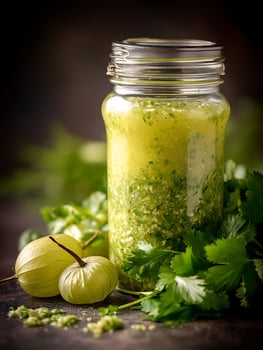 Homemade Green Sauce in Glass Jar with Fresh Ingredients. A close up image of vibrant green sauce, physalis, and cilantro. photo