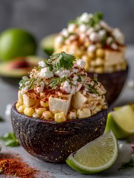 Close up of esquites in a grilled avocado, garnished with cotija cheese and cilantro. photo