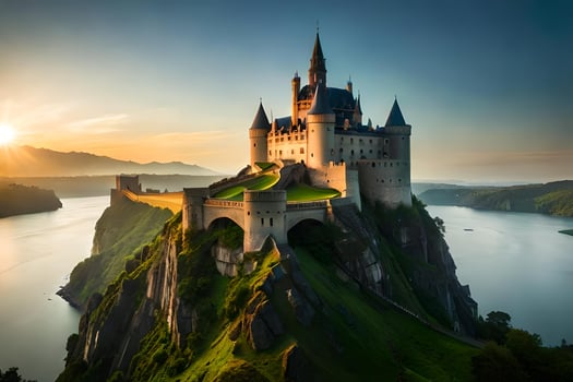 The sun rises over a castle on a hill photo
