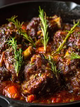 Close up of Delicious Braised Lamb Shanks in Rich Red Wine Sauce with Rosemary. photo