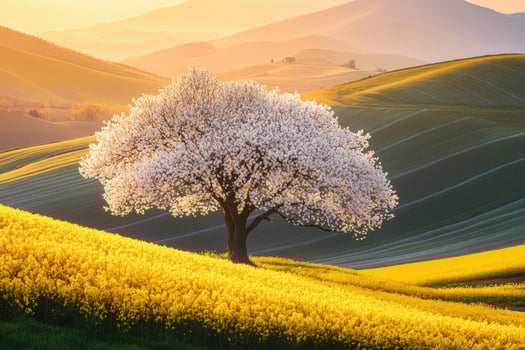 Blossoming tree on rolling hills at dawn photo