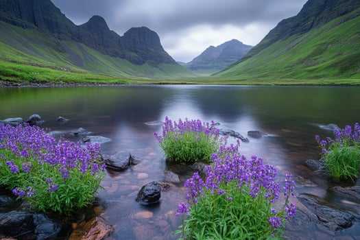 Serene alpine lake with vibrant purple wildflowers photo