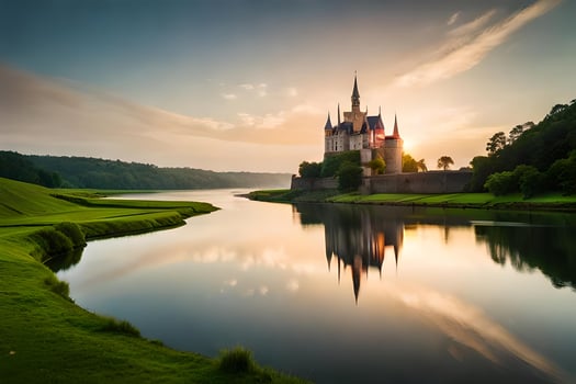A castle sits on a hill overlooking a river photo